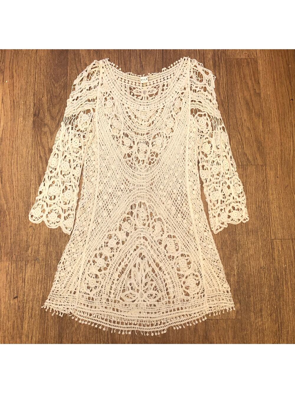 Vila Milano Cream Floral Crochet Dress Tunic Top Cover Up Size Small/Medium